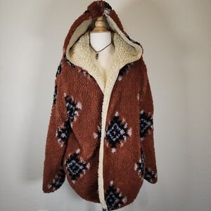 Sweet Rain XL Brown Diamond Sherpa Hooded Open Front Reversible Jacket